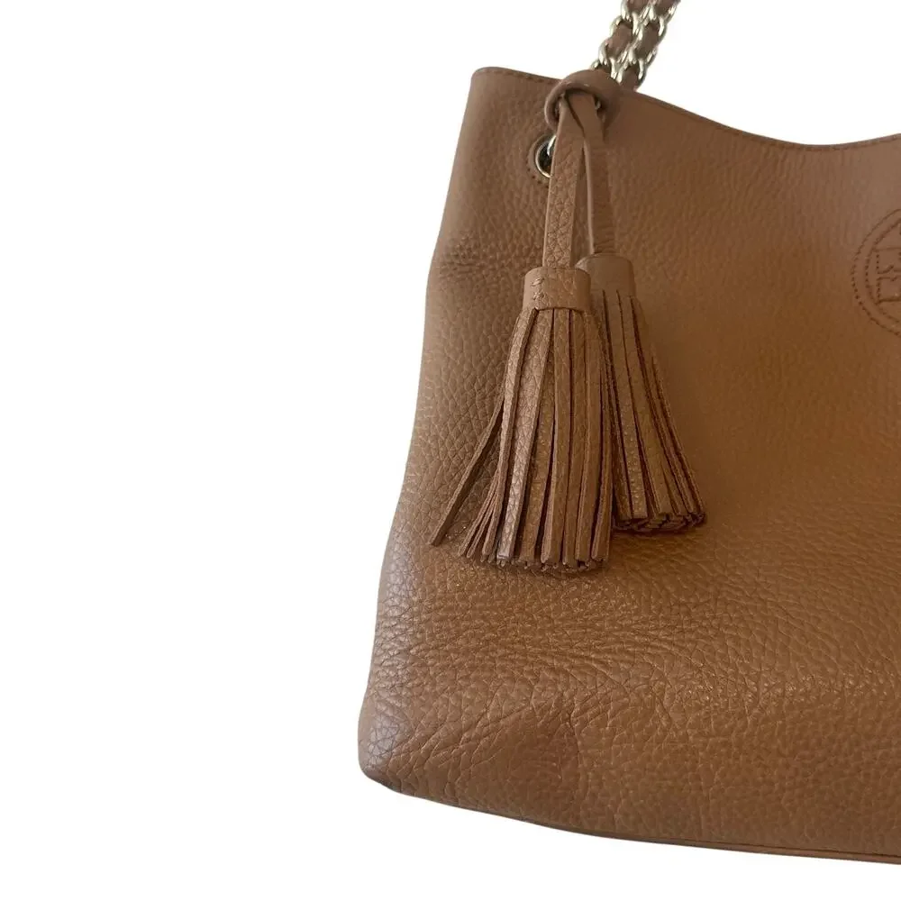 Tory Burch Pebbled Leather Chain Tote Brown‎ Camel Slouchy Bag